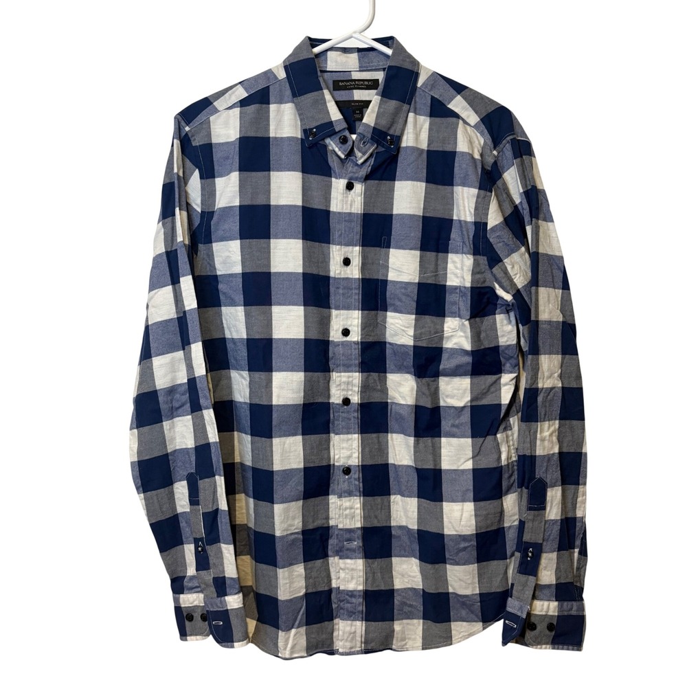 Banana Republic Luxe Flannel Slim Fit Plaid Button Down Shirt Mens M‎ Blue White